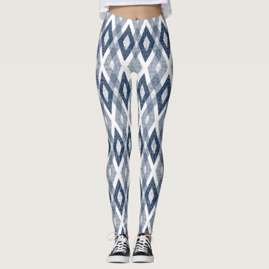 Marine Blauw en Wit Grunge Harlekijnpatroon Leggings (Voorkant)
