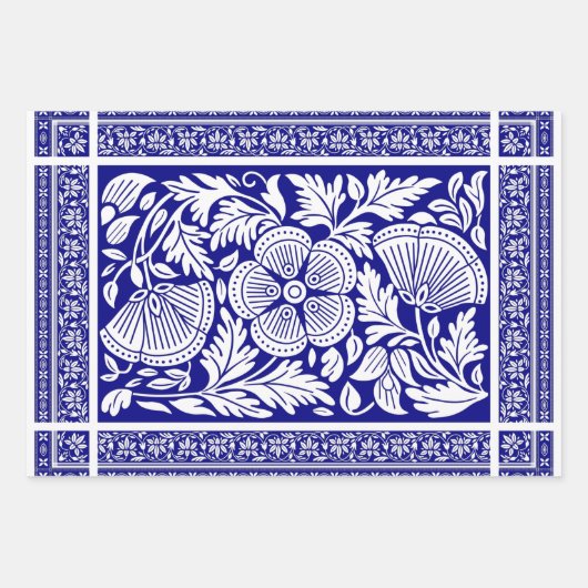 Marine Blauw en Wit Indiaas Bloempatroon Inpakpapier Vel (Voorkant)