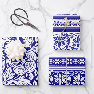 Marine Blauw en Wit Indiaas Bloempatroon Inpakpapier Vel