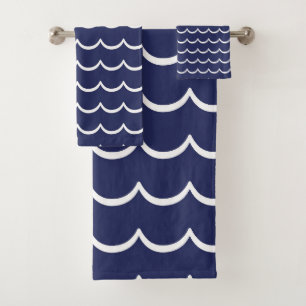 Marine Blauw en Wit Kustgolf Patroon Bad Handdoek