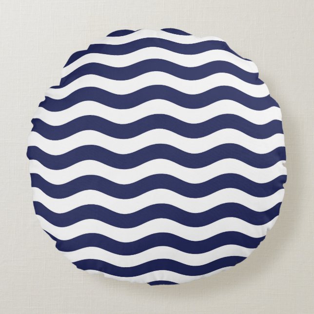 Marine Blauw en Wit Kustgolf Patroon Rond Kussen (Voorkant)