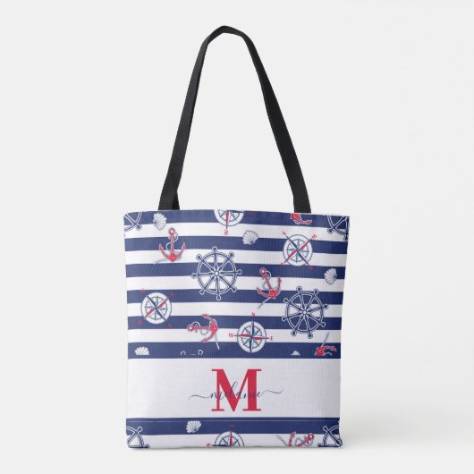 Marine Blauw en Wit Marine Custom Name Tote Bag (Achterkant)
