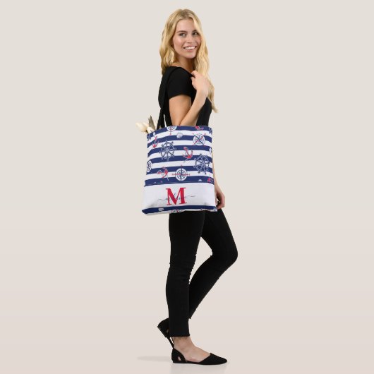 Marine Blauw en Wit Marine Custom Name Tote Bag (Op model)