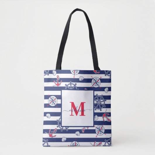 Marine Blauw en Wit Marine Custom Name Tote Bag (Voorkant)