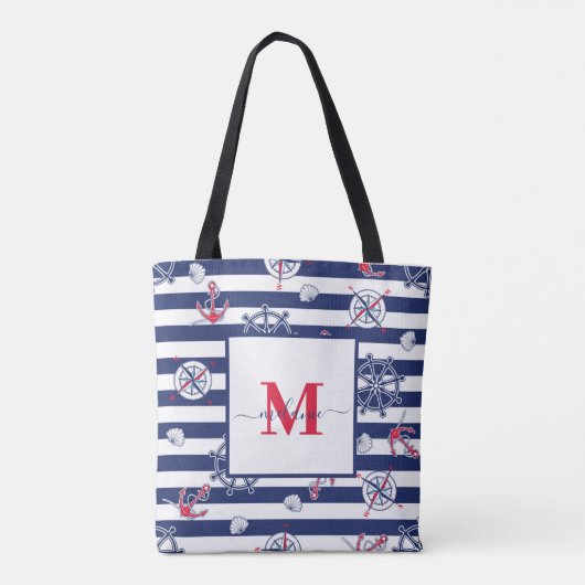 Marine Blauw en Wit Marine Custom Name Tote Bag (Achterkant)