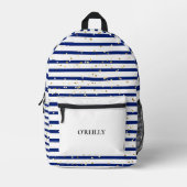 Marine Blauw en Wit Marine Stipes Modern Monogram Bedrukte Rugzak (Voorkant)