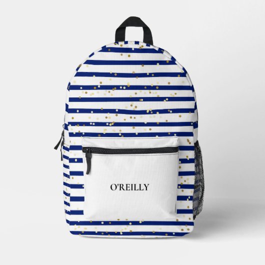 Marine Blauw en Wit Marine Stipes Modern Monogram Bedrukte Rugzak (Voorkant)