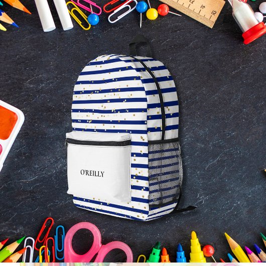 Marine Blauw en Wit Marine Stipes Modern Monogram Bedrukte Rugzak