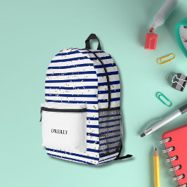 Marine Blauw en Wit Marine Stipes Modern Monogram Bedrukte Rugzak