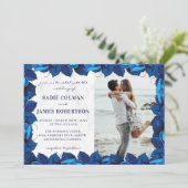 Marine Blauw en Wit Marmer Bloemen Foto Bruiloft Kaart (Staand voorkant)