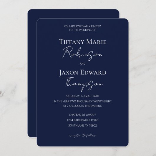 Marine blauw en wit minimalistische elegantie brui kaart (Voorkant / Achterkant)