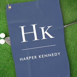 Marine Blauw en Wit Modern Monogram Elegant Custom Golfhanddoek
