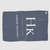 Marine Blauw en Wit Modern Monogram Elegant Custom Golfhanddoek (Horizontaal)
