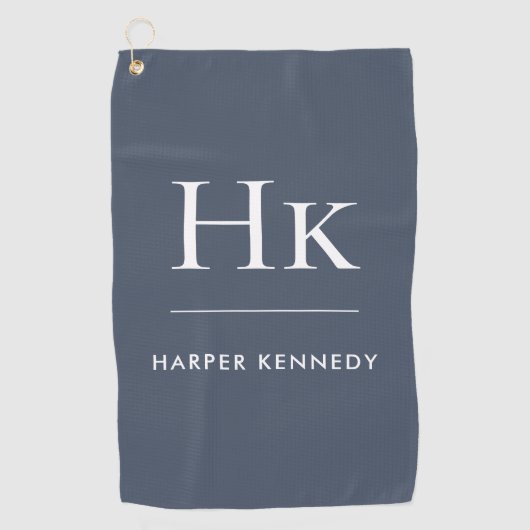 Marine Blauw en Wit Modern Monogram Elegant Custom Golfhanddoek (Voorkant)