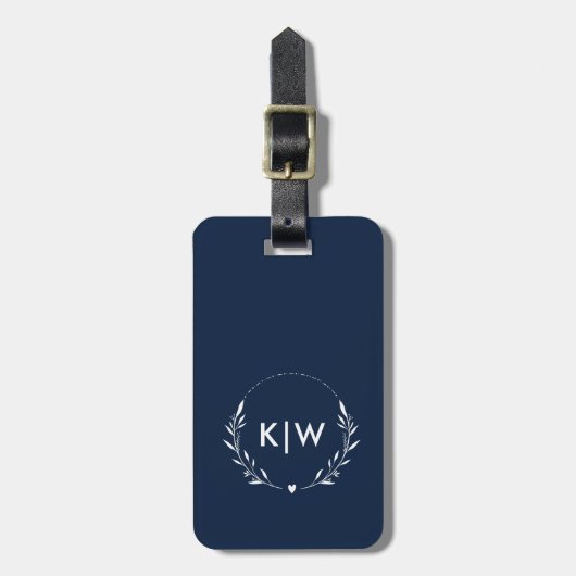 Marine blauw en wit | Monogram moderne Initialen Bagagelabel (Voorkant verticaal)