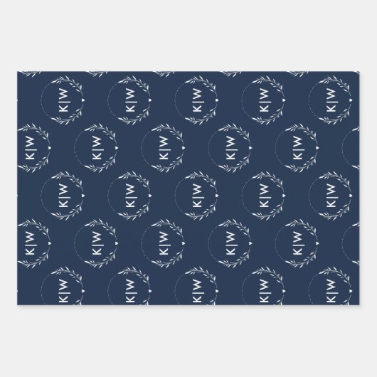 Marine blauw en wit | Monogram moderne Initialen Inpakpapier Vel (Voorkant 3)