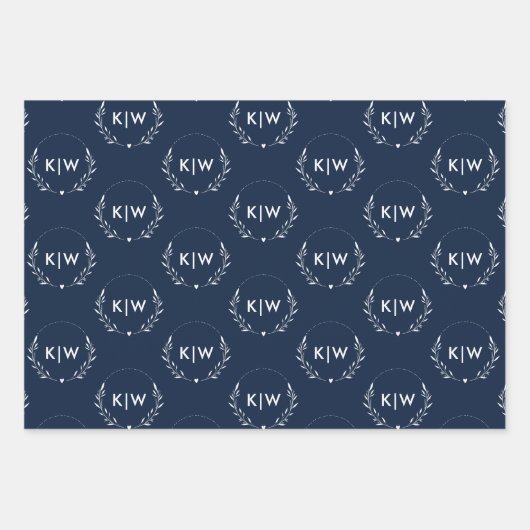 Marine blauw en wit | Monogram moderne Initialen Inpakpapier Vel (Voorkant)