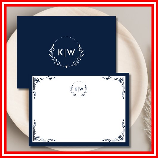 Marine blauw en wit | Monogram moderne Initialen Notitiekaartje