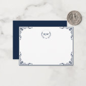 Marine blauw en wit | Monogram moderne Initialen Notitiekaartje (Voorkant / Achterkant in situ)