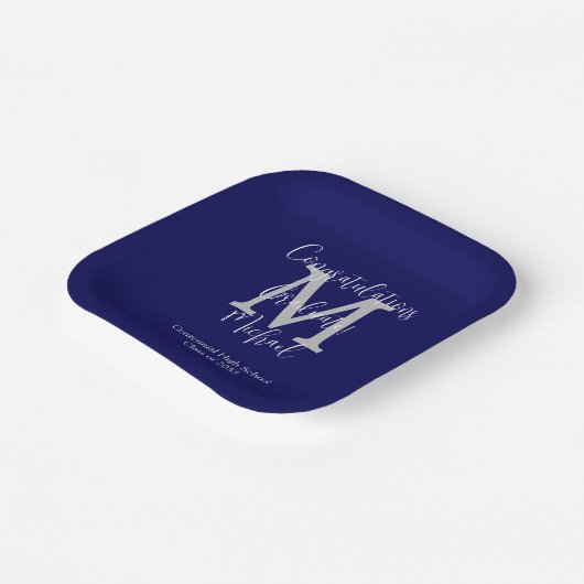 Marine Blauw en Wit Monogrammed Graduation Party Papieren Bordje (Gebogen)