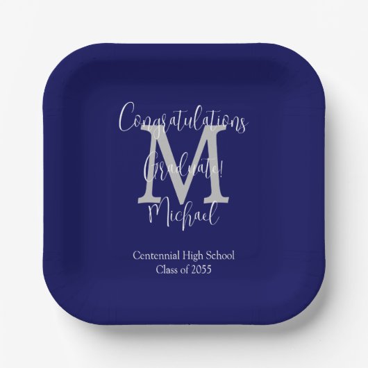 Marine Blauw en Wit Monogrammed Graduation Party Papieren Bordje (Voorkant)
