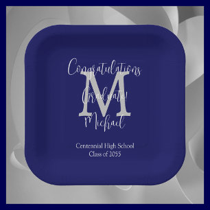 Marine Blauw en Wit Monogrammed Graduation Party Papieren Bordje