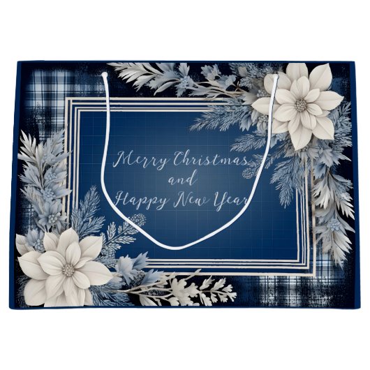Marine Blauw en Wit Mooie Kerstbloem Groot Cadeauzakje (Voorkant)