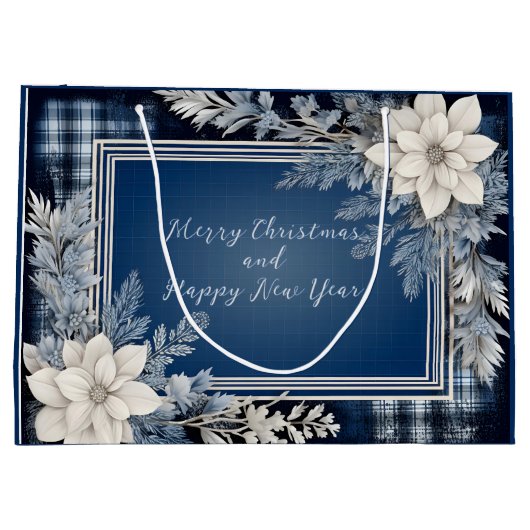 Marine Blauw en Wit Mooie Kerstbloem Groot Cadeauzakje (Achterkant)