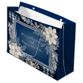 Marine Blauw en Wit Mooie Kerstbloem Groot Cadeauzakje (Voorkant Gekanteld)