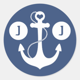 Marine Blauw en Wit Nautisch Monogram Ronde Sticker