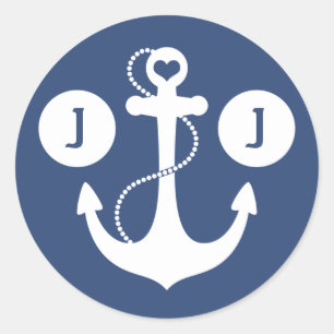Marine Blauw en Wit Nautisch Monogram Ronde Sticker