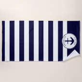 Marine blauw en wit nautisch schip anker strandlaken (Voorkant)