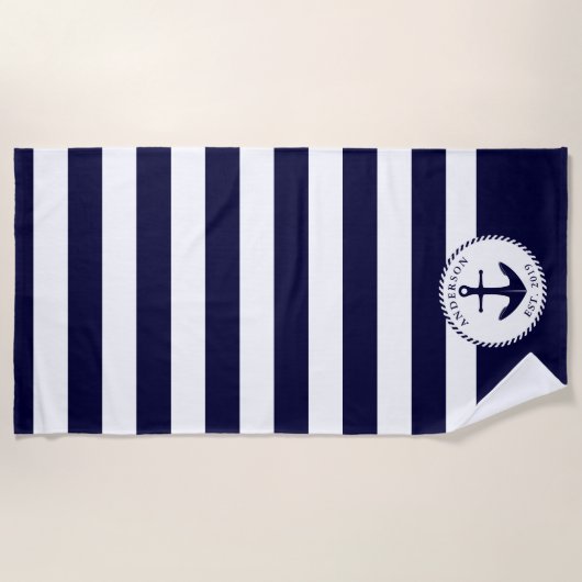 Marine blauw en wit nautisch schip anker strandlaken (Voorkant)