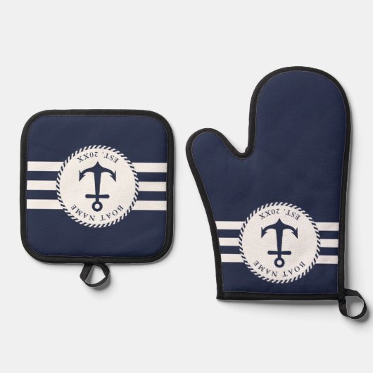 Marine Blauw en Wit Nautische Anker Boot Naam Ovenwant & Pannenlap Set (Voorkant)