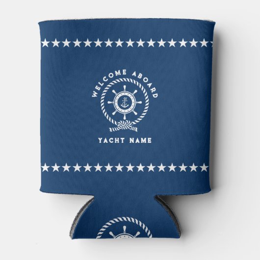 Marine blauw en wit nautische boot wiel touw knoop blikjeskoeler (Voorkant)