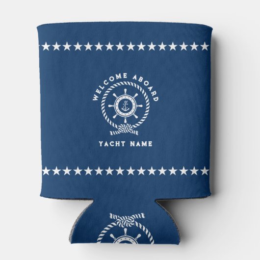 Marine blauw en wit nautische boot wiel touw knoop blikjeskoeler (Achterkant)