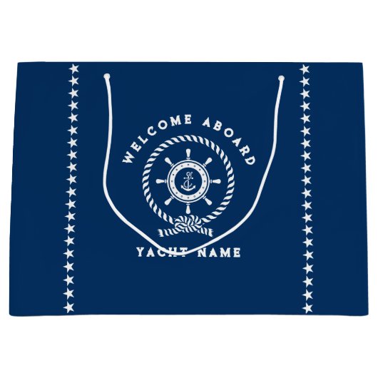 Marine blauw en wit nautische boot wiel touw knoop groot cadeauzakje (Voorkant)