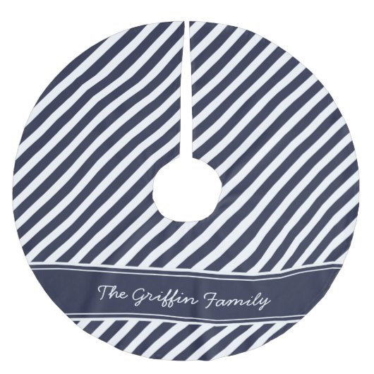 Marine Blauw en Wit Preppy Stripes Monogram Kerstboom Rok (Voorkant)