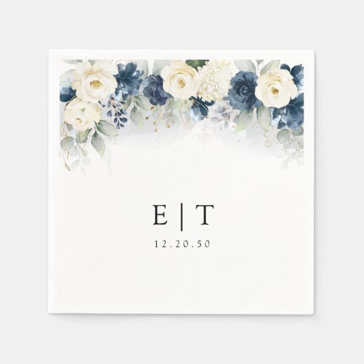 Marine Blauw en Wit Rozen Bruiloft Servetten (Voorkant)