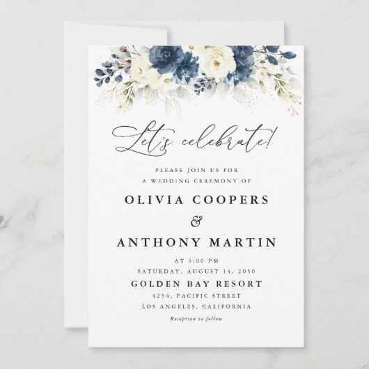 Marine Blauw en Wit Rozen Bruiloft Uitnodiging (Voorkant)