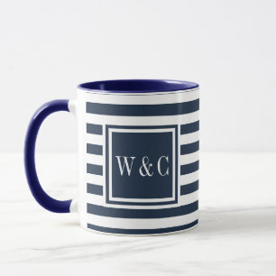 Marine Blauw en Wit Streep Monogram Mok