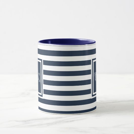 Marine Blauw en Wit Streep Monogram Mok (Midden)