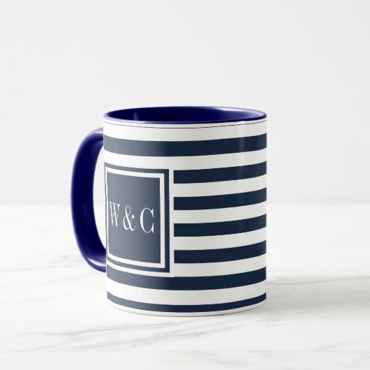 Marine Blauw en Wit Streep Monogram Mok (Voorkant links)