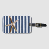 Marine Blauw en Wit Strepen Zeester Bagagelabel (Voorkant (horizontaal))