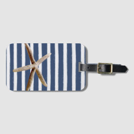 Marine Blauw en Wit Strepen Zeester Bagagelabel