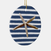 Marine Blauw en Wit Strepen Zeester Keramisch Ornament (Rechts)