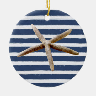 Marine Blauw en Wit Strepen Zeester Keramisch Ornament