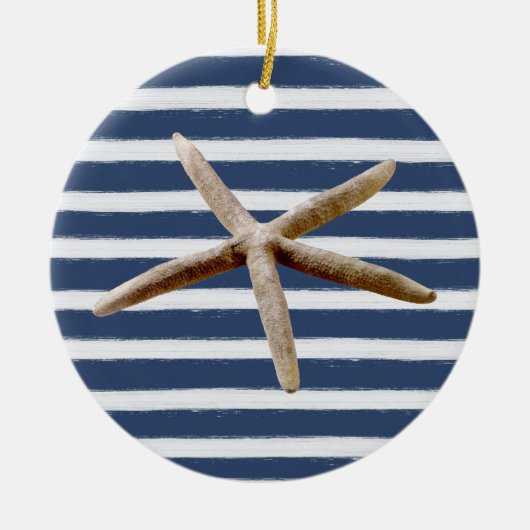 Marine Blauw en Wit Strepen Zeester Keramisch Ornament (Voorkant)