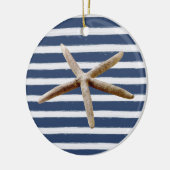 Marine Blauw en Wit Strepen Zeester Keramisch Ornament (Links)