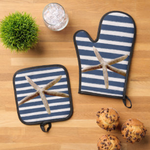 Marine Blauw en Wit Strepen Zeester Ovenwant & Pannenlap Set